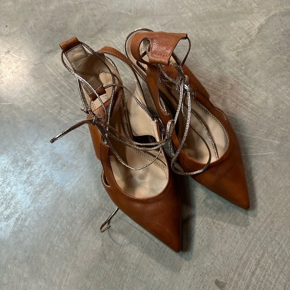 Napoli Brown Leather Heels with Metallic Rose Gold Strap Size 37 - Picture 4 of 5